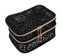 PRETYZOOM Neceser de Maquillaje Portátil de con Doble Bolsa de Aseo Compacta para Viaje Organizador Pequeño para Cosméticos y Cuidado Piel Negro con Estampado de Leopardo
