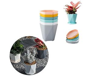 Prevessel Maceta de Plástico Grueso para Flores, Contenedor de Flores con Bandeja para Modelado Geométrico de Jardín, Interior y Exterior, Material Inofensivo, 6 uds.