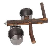Prevessel Soporte de Madera para Loros con Cuenco de Comida de Acero Inoxidable para Jaula de Pájaros, Juego de Comedero, Material de Troncos Rugoso, Cuenco Desmontable para (S)