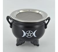 Prezents.com Quemador de incienso de hoja de hierro con caldero de malla, soporte estilo triple luna, artículo Wicca, accesorio de alter de bruja, negro, M (40023)