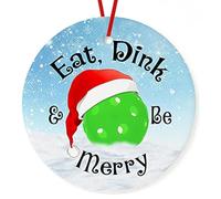 Prezzy Eat Drink and Be Merry Christmas Ornamento Pickleball Holiday Árbol de Navidad Adornos circulares de cerámica blanco