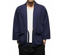 PRIJOUHE Chaqueta tipo kimono para hombre, casual, mezcla de algodón, lino y siete mangas con bordado frontal abierto, Azul marino 707, XX-Large