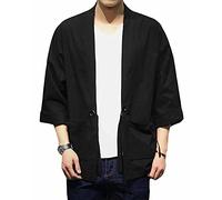 PRIJOUHE Chaqueta tipo kimono para hombre, casual, mezcla de algodón, lino y siete mangas con bordado frontal abierto, Negro 707, X-Large