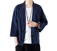 PRIJOUHE Chaqueta tipo kimono para hombre, ligera, casual, mezcla de algodón, lino, siete mangas, frente abierto, abrigo para exteriores, 65 azul marino, Large