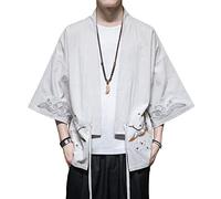 PRIJOUHE - Chaqueta tipo kimono para hombre, ligera, casual, mezcla de algodón, siete mangas abiertas - - X-Large