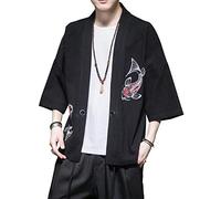 PRIJOUHE - Chaqueta tipo kimono para hombre, mezcla de algodón y lino, con siete mangas abiertas, con bordado frontal - Negro - Large