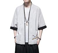 PRIJOUHE - Chaqueta tipo kimono para hombre, mezcla de algodón y lino, con siete mangas abiertas, con bordado frontal - Beige - X-Large