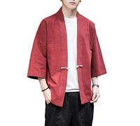 PRIJOUHE Kimono Chaquetas para hombre casual mezcla de algodón lino siete mangas abierto frente bordado abrigo - - X-Large