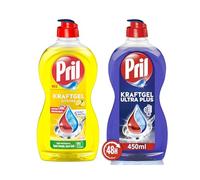 PRIL Juego de gel de fuerza 1 x Ultra Plus y 1 x limón, juego de detergente para lavavajillas a mano con el máximo poder desengrasante, para platos limpios también en agua fría, 2 x 450 ml