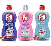 PRIL Kraftgel-Set 1x Power & Perlen Granada & Orangenblüte & 1x Ultra Plus & 1x Hygienische Frescure, Set Handgeschirrspülmittel mit höchster Fettlösekraft 3x 450ml