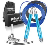 PrimaFIT Pro Speed Cuerda Saltar, Comba Crossfit Hombre y Mujer de Alta Velocidad para Boxeo y Fitness - Mango de Aluminio, Autoajustable, Rodamientos de Rápidos, 2 Lastres, Cable de Repuesto, Bolsa