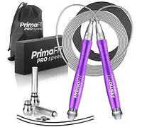 PrimaFIT Pro Speed Cuerda Saltar, Comba Crossfit Hombre y Mujer de Alta Velocidad para Boxeo y Fitness - Mango de Aluminio, Autoajustable, Rodamientos de Rápidos, 2 Lastres, Cable de Repuesto, Bolsa