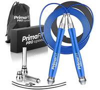 PrimaFIT Pro Speed Cuerda Saltar, Comba Crossfit Hombre y Mujer de Alta Velocidad para Boxeo y Fitness - Mango de Aluminio, Autoajustable, Rodamientos de Rápidos, 2 Lastres, Cable de Repuesto, Bolsa