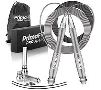 PrimaFIT Pro Speed Cuerda Saltar, Comba Crossfit Hombre y Mujer de Alta Velocidad para Boxeo y Fitness - Mango de Aluminio, Autoajustable, Rodamientos de Rápidos, 2 Lastres, Cable de Repuesto, Bolsa