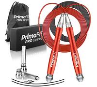 PrimaFIT Pro Speed Cuerda Saltar, Comba Crossfit Hombre y Mujer de Alta Velocidad para Boxeo y Fitness - Mango de Aluminio, Autoajustable, Rodamientos de Rápidos, 2 Lastres, Cable de Repuesto, Bolsa