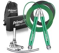 PrimaFIT Pro Speed Cuerda Saltar, Comba Crossfit Hombre y Mujer de Alta Velocidad para Boxeo y Fitness - Mango de Aluminio, Autoajustable, Rodamientos de Rápidos, 2 Lastres, Cable de Repuesto, Bolsa