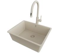 PRIMAGRAN Fregadero bajo Encimera Beige 56x44cm, Granito 1 Seno + Grifo 40x20cm + Sifón, Cocina al mueble 60cm - Venecia Easy