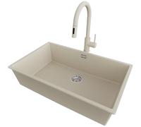 PRIMAGRAN Fregadero bajo Encimera Beige 76x47cm, Granito 1 Seno + Grifo 40x20cm + Sifón, Cocina al Mueble 80cm - London S501
