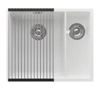 PRIMAGRAN Fregadero bajo Encimera Blanco 56x47cm, Cocina 1,5 Senos + Sifón + Enrollable Escurridor, Granito al mueble 60cm - London Duo S020