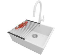 PRIMAGRAN Fregadero bajo Encimera Blanco 56x47cm, Granito 1 Seno + Grifo 40x20cm + Sifón + Enrollable Escurridor, Cocina al Mueble 60cm - London S342