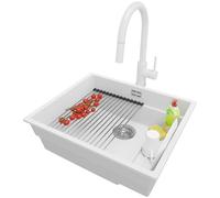 PRIMAGRAN Fregadero bajo Encimera Blanco 56x47cm, Granito 1 Seno + Grifo 40x20cm + Sifón + Enrollable Escurridor, Cocina al mueble 60cm - Prague S459