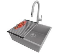 PRIMAGRAN Fregadero bajo Encimera Gris 56x47cm, Granito 1 Seno + Grifo 40x20cm + Sifón + Enrollable Escurridor, Cocina al mueble 60cm - London