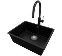 PRIMAGRAN Fregadero bajo Encimera Negro 56x44cm, Granito 1 Seno + Grifo 40x20cm + Sifón, Cocina al mueble 60cm - Venecia Easy S049