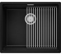 PRIMAGRAN Fregadero bajo Encimera Negro 56x47cm, Cocina 1 Seno + Sifón + Enrollable Escurridor, Granito al mueble 60cm - Prague S214