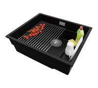 PRIMAGRAN Fregadero bajo Encimera Negro 56x47cm, Cocina 1 Seno + Sifón + Enrollable Escurridor, Granito al mueble 60cm - Prague S450