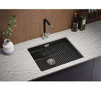 PRIMAGRAN Fregadero bajo Encimera Negro 56x47cm, Cocina 1 Seno + Sifón, Granito al mueble 60cm - Prague