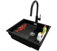 PRIMAGRAN Fregadero bajo Encimera Negro 56x47cm, Granito 1 Seno + Grifo 40x20cm + Sifón + Enrollable Escurridor, Cocina al mueble 60cm - Prague S458