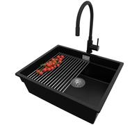 PRIMAGRAN Fregadero bajo Encimera Negro 56x47cm, Granito 1 Seno + Grifo 40x38cm + Sifón + Enrollable Escurridor, Cocina al mueble 60cm - Prague