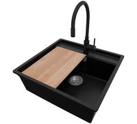 PRIMAGRAN Fregadero bajo Encimera Negro 56x53cm, Granito 1 Seno + Grifo 40x38cm + Sifón + Tabla de cortar, Cocina al mueble 60cm - Bergen