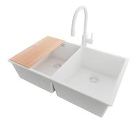 PRIMAGRAN Fregadero bajo Encimera Todo Blanco 76x47cm, Granito 2 Senos + Grifo 38x14cm + Sifón + Tabla de Cortar, Cocina al Mueble 80cm - London Twin S086