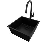 PRIMAGRAN Fregadero bajo Encimera Todo Negro 46x47cm, Granito 1 Seno + Grifo 40x20cm + Sifón, Cocina al Mueble 50cm - London S226