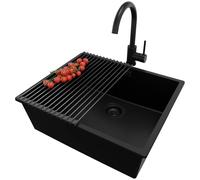 PRIMAGRAN Fregadero bajo Encimera Todo Negro 56x47cm, Granito 1 Seno + Grifo 32x20cm + Sifón + Enrollable Escurridor, Cocina al mueble 60cm - London S202