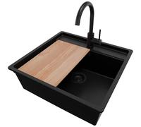 PRIMAGRAN Fregadero bajo Encimera Todo Negro 56x53cm, Granito 1 Seno + Grifo 32x20cm + Sifón + Tabla de cortar, Cocina al mueble 60cm - Bergen