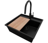 PRIMAGRAN Fregadero bajo Encimera Todo Negro 56x53cm, Granito 1 Seno + Grifo 40x20cm + Sifón + Tabla de cortar, Cocina al mueble 60cm - Bergen