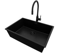 PRIMAGRAN Fregadero bajo Encimera Todo Negro 66x47cm, Granito 1 Seno + Grifo 40x38cm + Sifón, Cocina al Mueble 70cm - London S414