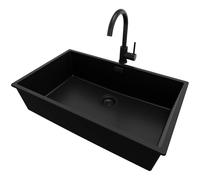 PRIMAGRAN Fregadero bajo Encimera Todo Negro 76x47cm, Granito 1 Seno + Grifo 32x20cm + Sifón, Cocina al Mueble 80cm - London S488