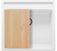 PRIMAGRAN Fregadero Cocina al Mueble 60cm + Kit de desagüe, 56x53cm | Set: Kit de desagüe + Tabla de Cortar + Bergen Low Cut Top Slim 1 Seno Granito, Blanco