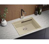 PRIMAGRAN Fregadero Cocina Beige 56x47cm, Granito 1 Seno + Sifón + Enrollable Escurridor, Sobre encimera al mueble 60cm - Prague Slim