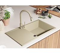 PRIMAGRAN Fregadero Cocina Beige 90x50cm, Granito 1 Seno + Sifón + Enrollable Escurridor, Sobre encimera al mueble 60cm - Ibiza