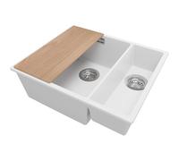 PRIMAGRAN Fregadero Cocina Blanco 56x47cm, Granito 1,5 Senos + Sifón + Tabla de cortar, Sobre encimera al mueble 60cm - London Slim Duo