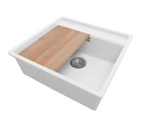 PRIMAGRAN Fregadero Cocina Blanco 56x53cm, Granito 1 Seno + Sifón + Tabla de cortar, Sobre encimera al mueble 60cm - Bergen S035
