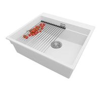 PRIMAGRAN Fregadero Cocina Blanco 58x53cm, Granito 1 Seno + Sifón + Enrollable Escurridor, Sobre encimera al mueble 60cm - Oslo Max S020