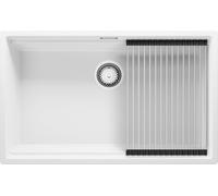 PRIMAGRAN Fregadero Cocina Blanco 76x47cm, Granito 1 Seno + Sifón + Enrollable Escurridor, Sobre Encimera al Mueble 80cm - Prague Level Slim S530