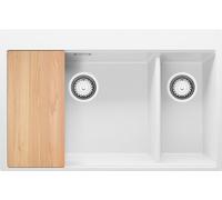 PRIMAGRAN Fregadero Cocina Blanco 78x50cm, Granito 2 Senos + Sifón + Tabla de Cortar, Sobre Encimera al Mueble 80cm - Oslo Duo Top S074
