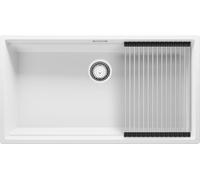 PRIMAGRAN Fregadero Cocina Blanco 86x47cm, Granito 1 Seno + Sifón + Enrollable Escurridor, Sobre encimera al mueble 90cm - Prague Slim S317