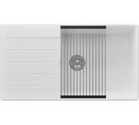 PRIMAGRAN Fregadero Cocina Blanco 90x50cm, Granito 1 Seno + Sifón + Enrollable Escurridor, Sobre encimera al mueble 60cm - Copenhague S478